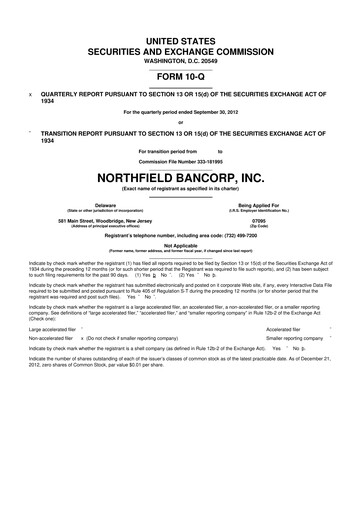 Thumbnail Northfield Bancorp 10-Q Quarterly Report FY 