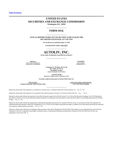 Thumbnail Autoliv 10-K Annual Report 2012