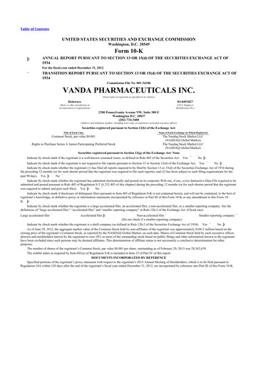 Thumbnail Vanda Pharmaceuticals 10-K Annual Report 2012