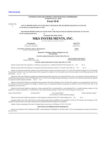 Thumbnail MKS Instruments 10-K Annual Report 2012