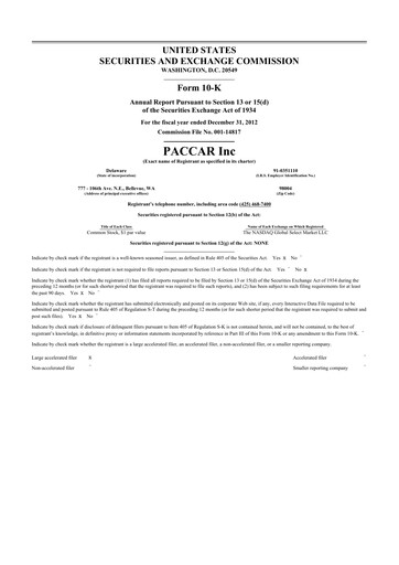 Thumbnail Paccar 10-K Annual Report 2012