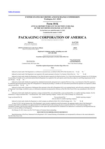 Thumbnail Packaging Corporation of America
 10-K Annual Report 2012