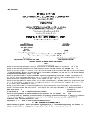 Thumbnail Cinemark Theatres
 10-K Annual Report 2012