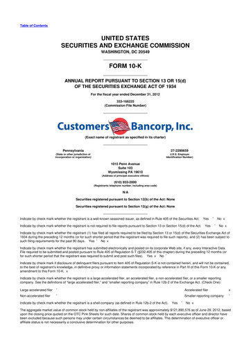 Miniature Customers Bancorp
 10-K Rapport annuel 2012