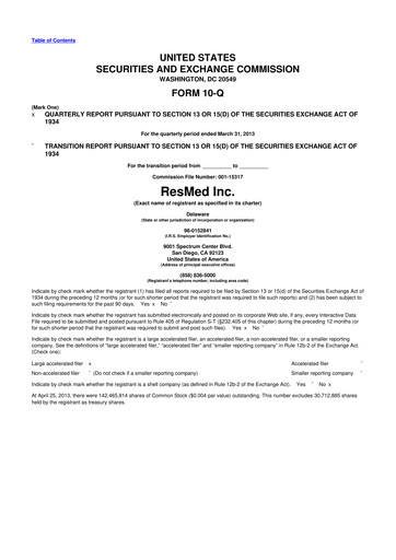 Miniature ResMed 10-Q Rapport trimestriel 2013 