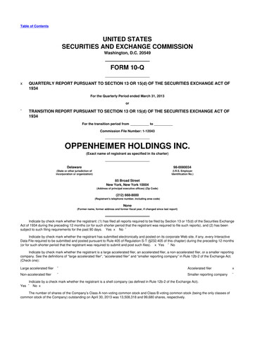 Thumbnail Oppenheimer Holdings
 10-Q Quarterly Report FY2013 