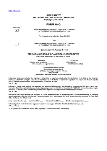 Miniature Reinsurance Group of America
 10-Q Rapport trimestriel 2013 