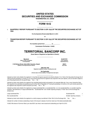 Miniature Territorial Bancorp
 10-Q Rapport trimestriel 2013 