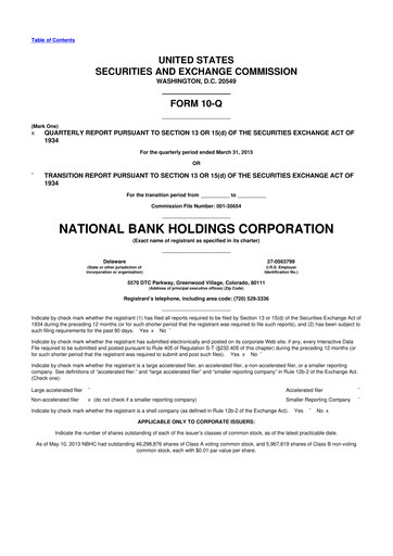 Thumbnail National Bank Holdings
 10-Q Quarterly Report FY2013 