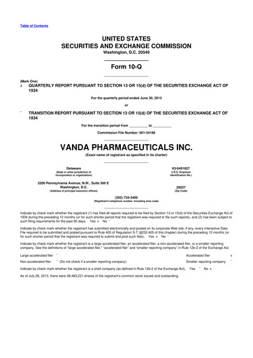 Miniature Vanda Pharmaceuticals 10-Q Rapport trimestriel 2013 