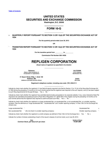 Miniature Repligen
 10-Q Rapport trimestriel 2013 