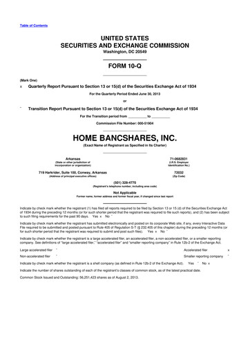 Thumbnail Home BancShares
 10-Q Quarterly Report FY2013 