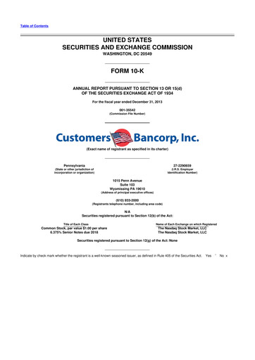 Miniature Customers Bancorp
 10-K Rapport annuel 2013