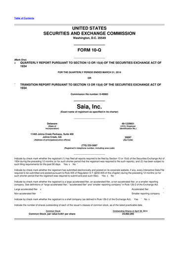 Thumbnail Saia
 10-Q Quarterly Report FY2014 