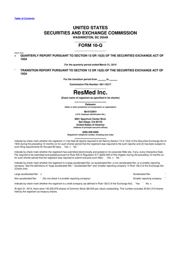 Miniature ResMed 10-Q Rapport trimestriel 2014 