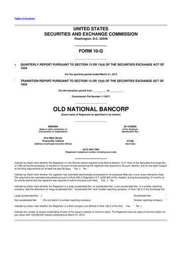Thumbnail Old National Bank
 10-Q Quarterly Report FY2014 