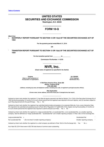 Miniature NVR 10-Q Rapport trimestriel 2014 