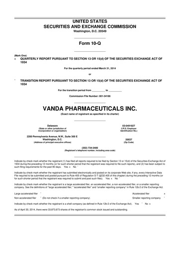 Miniature Vanda Pharmaceuticals 10-Q Rapport trimestriel 2014 