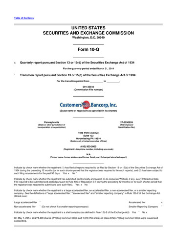 Miniature Customers Bancorp
 10-Q Rapport trimestriel 2014 