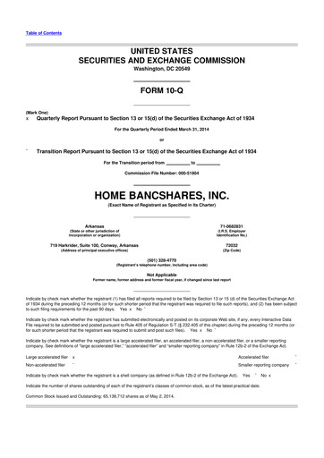 Thumbnail Home BancShares
 10-Q Quarterly Report FY2014 
