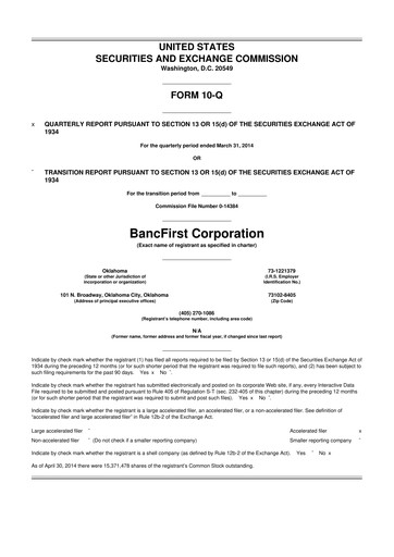 Thumbnail BancFirst 10-Q Quarterly Report FY 