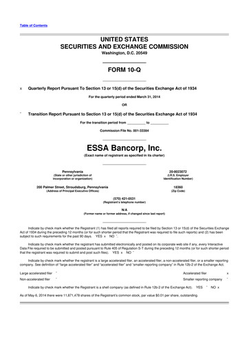 Thumbnail ESSA Bancorp 10-Q Quarterly Report FY2014 