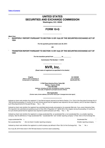 Miniature NVR 10-Q Rapport trimestriel 2014 