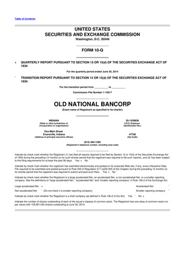 Thumbnail Old National Bank
 10-Q Quarterly Report FY2014 