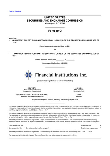 Thumbnail Financial Institutions 10-Q Quarterly Report FY2014 