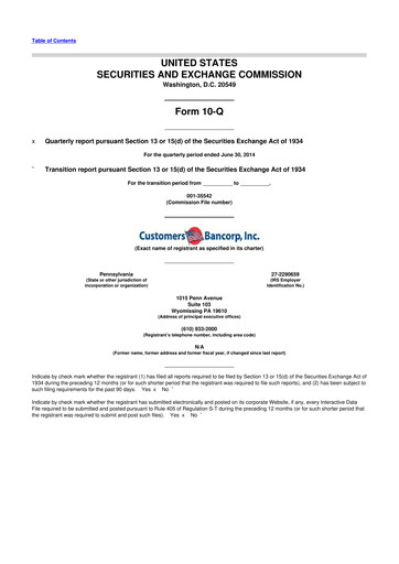 Miniature Customers Bancorp
 10-Q Rapport trimestriel 2014 