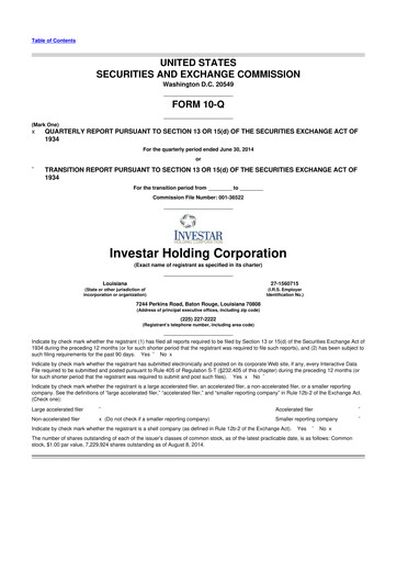 Thumbnail Investar Holding
 10-Q Quarterly Report FY2014 