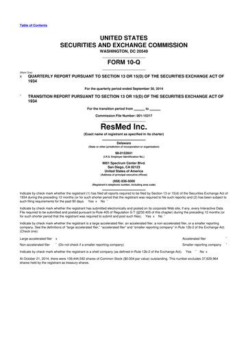 Miniature ResMed 10-Q Rapport trimestriel 2015 