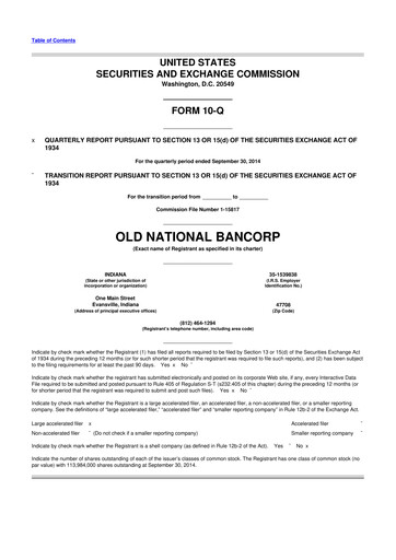 Thumbnail Old National Bank
 10-Q Quarterly Report FY2014 
