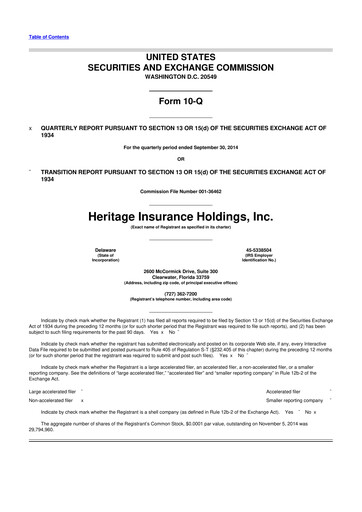 Miniature Heritage Insurance 10-Q Rapport trimestriel 2014 
