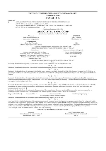 Miniature Associated Banc-Corp
 10-K Rapport annuel 2014