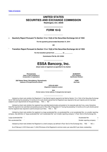 Thumbnail ESSA Bancorp 10-Q Quarterly Report FY2015 