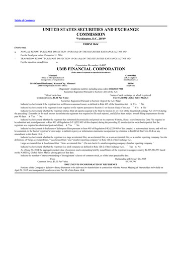 Thumbnail UMB Financial 10-K Annual Report 2014