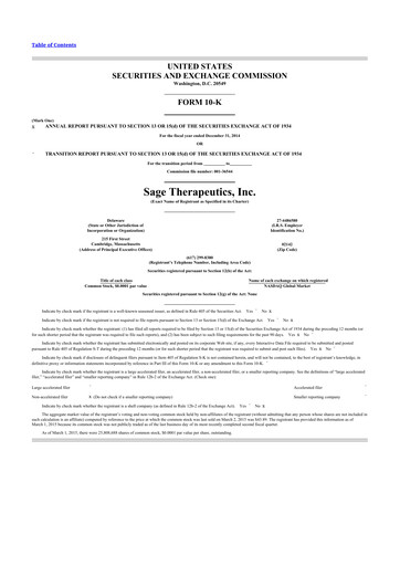 Thumbnail Sage Therapeutics
 10-K Annual Report 2014