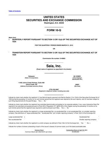 Thumbnail Saia
 10-Q Quarterly Report FY2015 