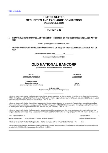 Thumbnail Old National Bank
 10-Q Quarterly Report FY2015 