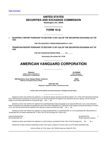 Miniature American Vanguard 10-Q Rapport trimestriel 2015 