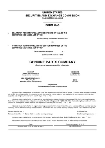 Thumbnail Genuine Parts Company
 10-Q Quarterly Report FY2015 