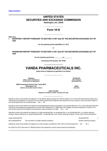 Miniature Vanda Pharmaceuticals 10-Q Rapport trimestriel 2015 