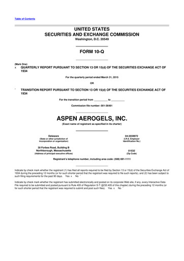 Vorschaubild Aspen Aerogels 10-Q Quartalsbericht 2015 