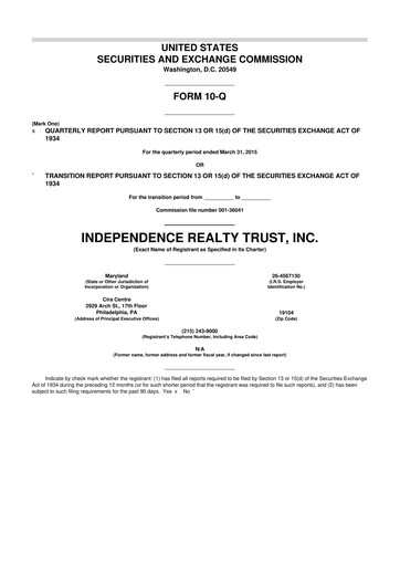 Thumbnail Independence Realty Trust
 10-Q Quarterly Report FY 