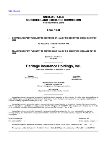 Miniature Heritage Insurance 10-Q Rapport trimestriel 2015 