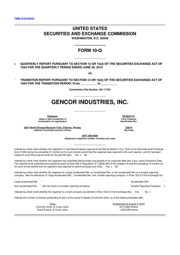 Miniature Gencor Industries
 10-Q Rapport trimestriel 2015 