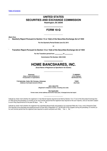 Thumbnail Home BancShares
 10-Q Quarterly Report FY2015 