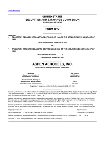 Vorschaubild Aspen Aerogels 10-Q Quartalsbericht 2015 