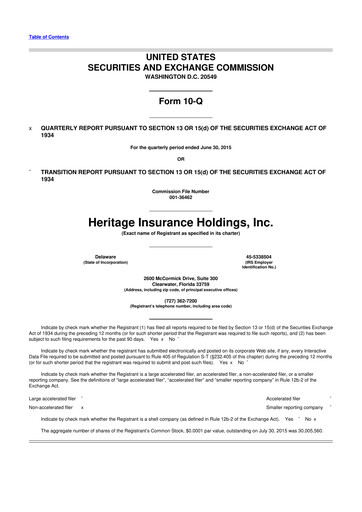 Miniature Heritage Insurance 10-Q Rapport trimestriel 2015 
